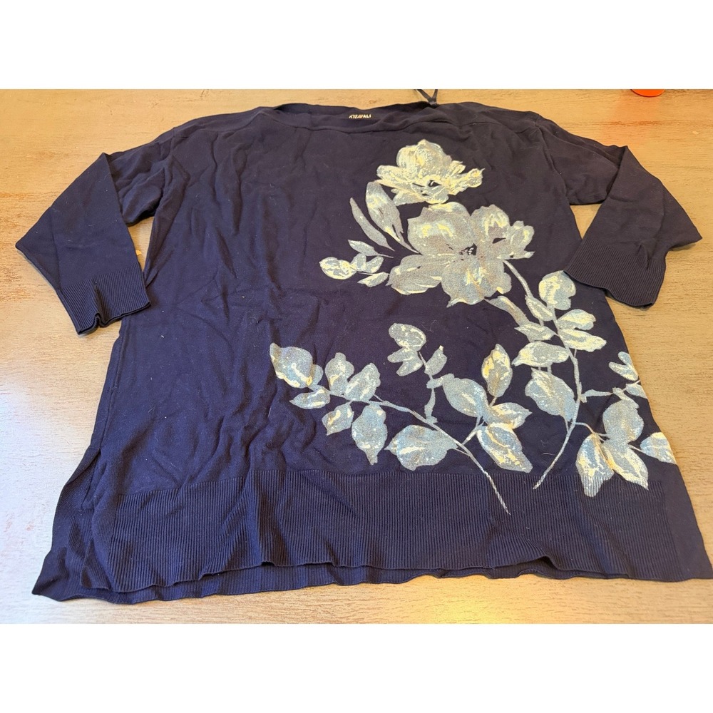 Roz & Ali Navy Blue Floral Knit Sweater 1X 3/4 Sleeve Boat Neck Pullover